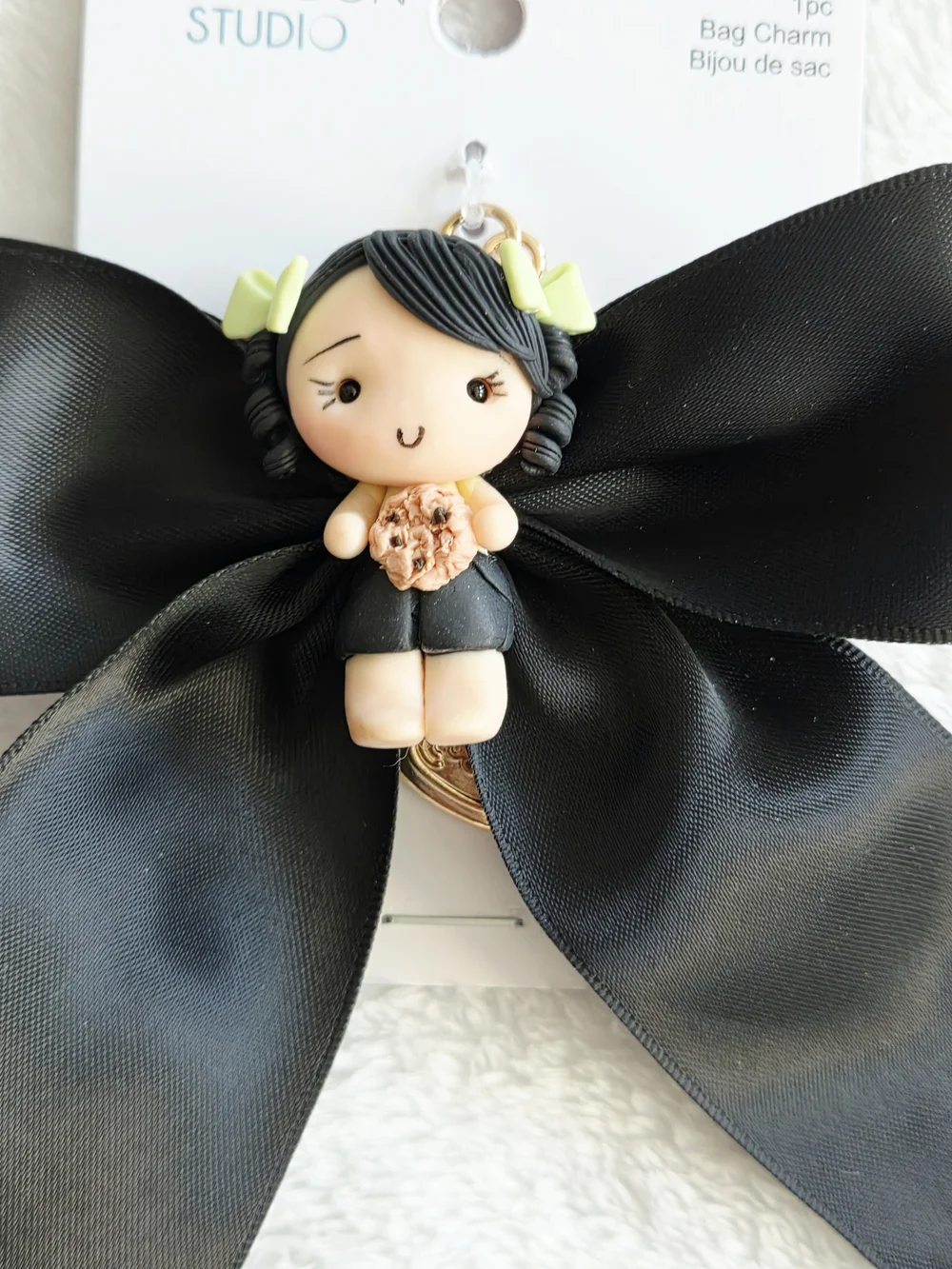 Black Bow Clay Doll With Cookie Bag Charm Adorable Keychain